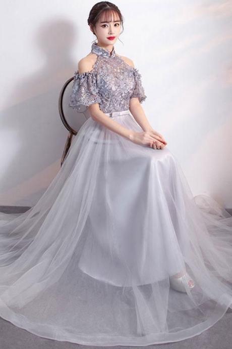 GRAY TULLE LACE APPLIQUE LONG PROM DRESS, GRAY BRIDESMAID DRESS M0849