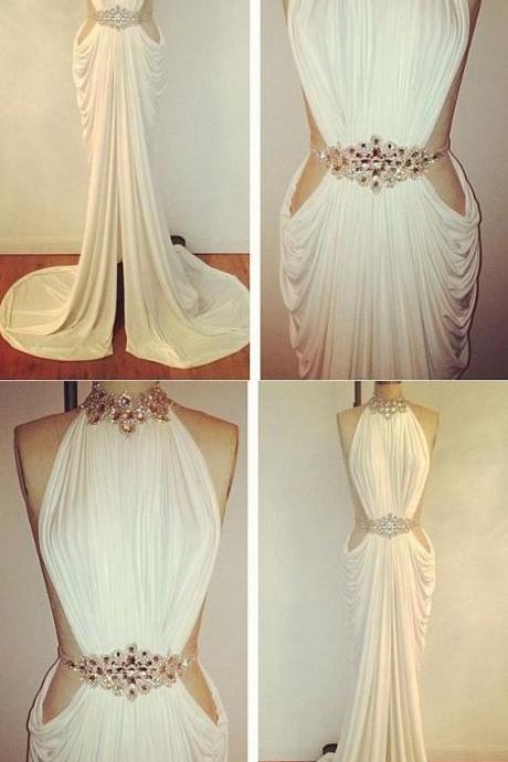 Sexy Prom Dresses Sheath Column High Neck Rhinestone Long White Prom Dress M0856