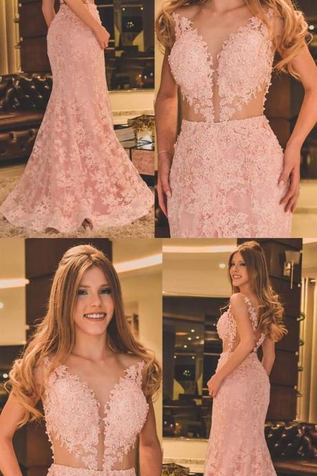 Mermaid V-neck Backless Pink Prom Dress With Appliques Beading M0897