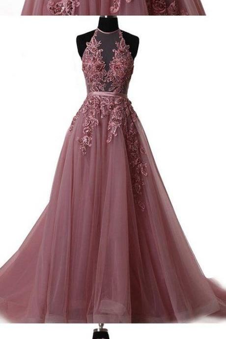 Elegant Tulle Lace Long Prom Dress, Lace Evening Dress, M0001