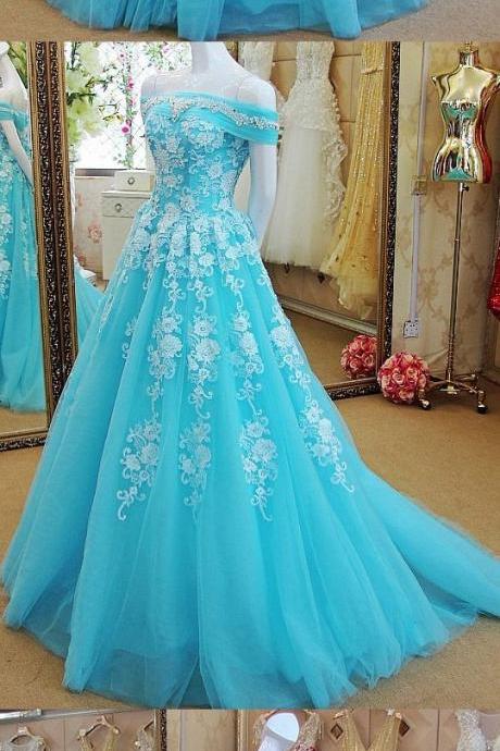 Princess Off-the-shoulder Tulle Court Train Appliques Lace Beautiful Prom Dresses M0929
