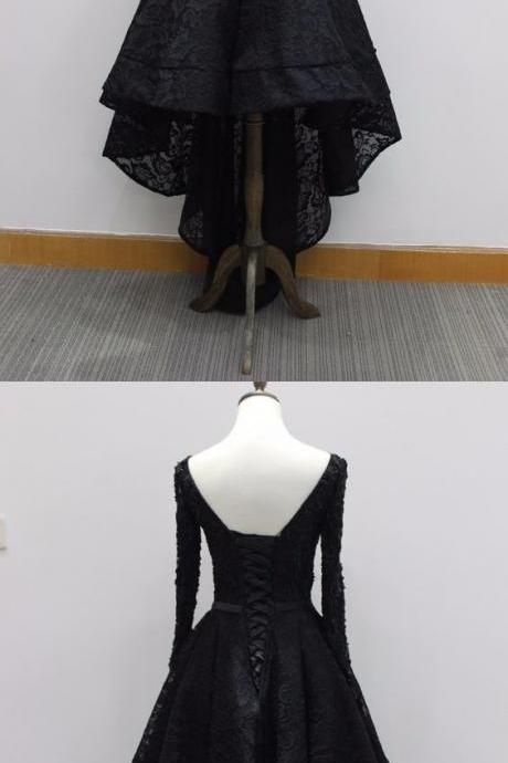 High Low Bateau Long Sleeves Black Lace Prom Dress With Beading Bowknot M0937