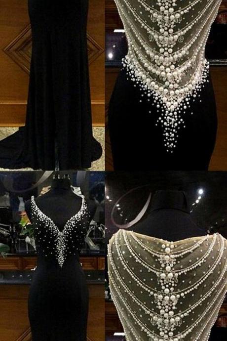 Fashion Sheath/column V-neck Tulle Chiffon Sweep Train Split Front Black Prom Dresses M0954