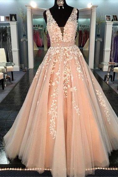 V Neck Blush Pink Lace Ball Gown Prom Dress Quinceanera Dresses M0967