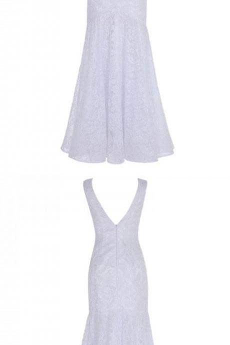Sheath V-neck Backless Floor-length White Lace Dress M0973