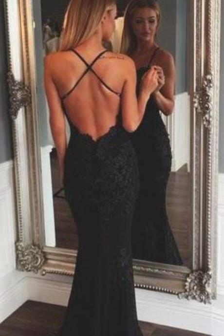Black Mermaid Evening Dresses,sexy Open Back Prom Dresses,spaghetti Strap Lace Formal Dresses M0980