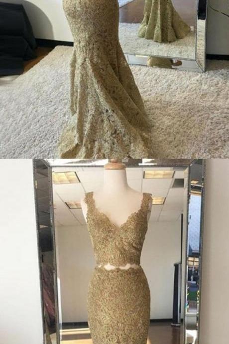 Two Piece Mermaid V-neck Sweep Train Gold Lace Prom Dress M0987