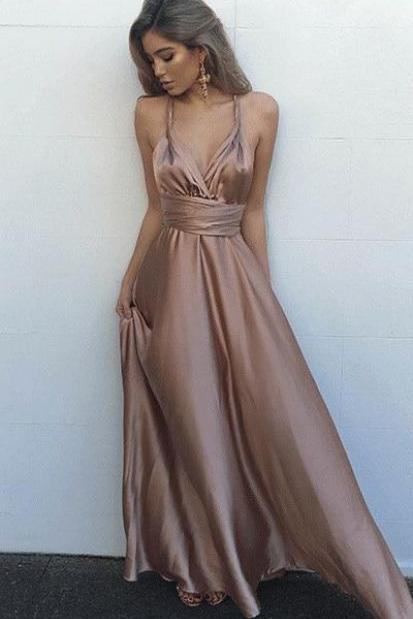 Simple V-neck Sleeveless Floor Length Criss-cross Straps Blush Prom Dress With Pleats M0992
