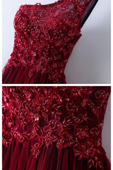 Chic A-line One Shoulder Tulle Modest Burgundy Long Prom Dress Evening Dress M0995