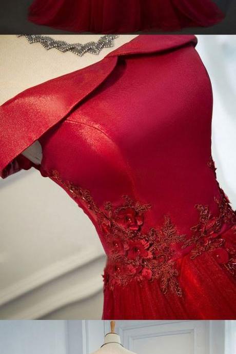 Burgundy Lace Tulle Long Prom Dress, Off Shoulder Evening Dress M1010