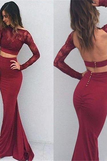 Elegant Burgundy Two Pieces Backless With Long Sleeve Mermaid Lace Top Button Sexy Prom Dress M1036