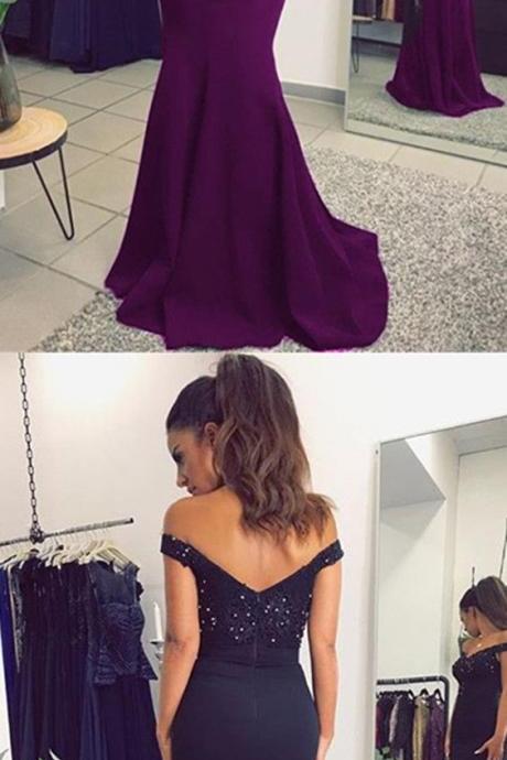 Purple Long Jersey V-neck Off Shoulder Prom Dresses Mermaid Evening Gowns Lace Court Train M1046