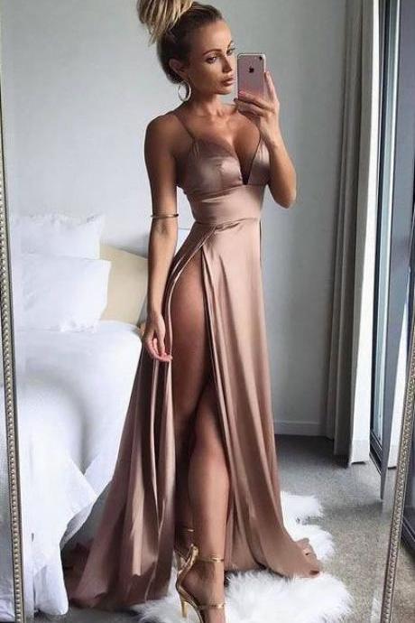 Sexy Spaghetti Straps High Split Side Long Prom Dresses Evening Dresses Party Gowns Formal Dresses M1065