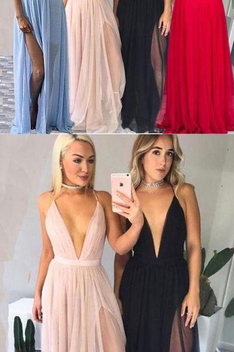 Sexy Deep V-neck Pink/black Tulle Long Prom/evening Dress M1077