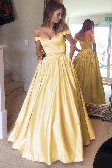 Gold Satin V Neck Long Prom Dresses Ball Gowns Off The Shoulder M1078