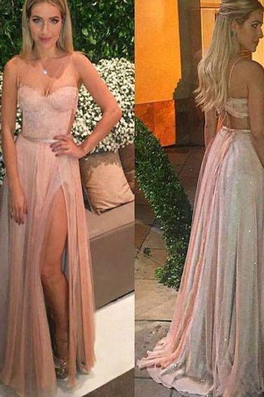 Spaghetti Straps Two Pieces Vintage With Slip Side Cocktail Evening Long Prom Dresses M1083