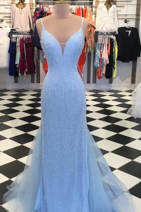 Sparkly Sequins Blue Mermaid Long Prom Dress M1087