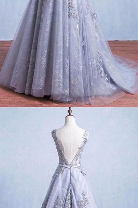 Glamorous A-line Round Neck Gray Tulle Long Prom Dress, Elegant Prom Dress M1093