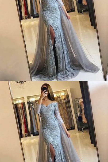 Mermaid Off The Shoulder Detachable Train Light Blue Lace Prom Dress With Lace M1097