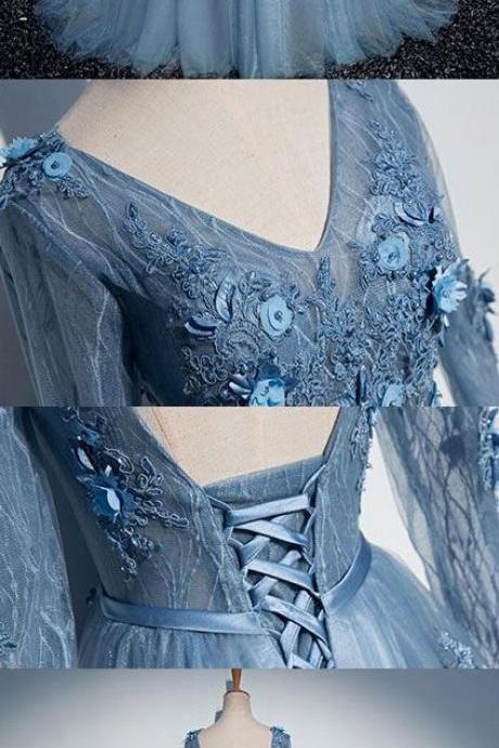 Blue V Neck Tulle Lace Long Prom Dress, Blue Evening Dress M1098