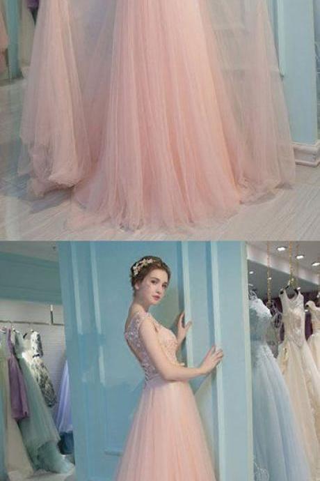Pink Lace Tulle Long Prom Dress, Pink Evening Dress M1099