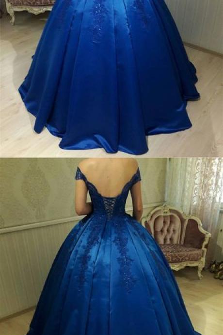 Royal Blue Satin Ball Gowns Quinceanera Dresses V Neck Off-the-shoulder M1102