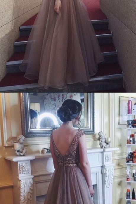 A-line Bateau Cap Sleeves Backless Floor-length Brown Prom Dress With Beading M1104