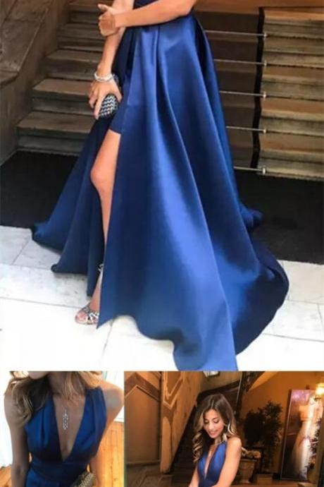 Elegant Royal Blue Satin Prom Dress With Split, Fashion V-neck Royal Blur Party Dress With Split M1107