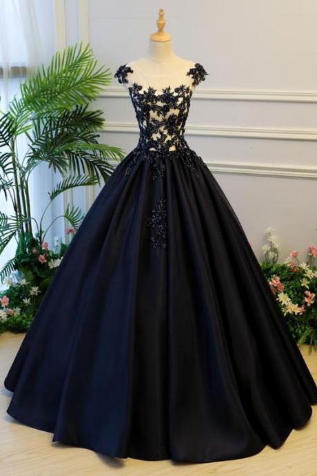 Generous A-line Round Neck Cap Sleeves Lace-up Back Black Satin Long Prom/evening Dress With Beading M1121