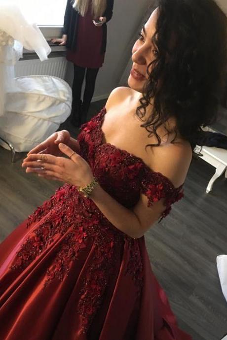 Maroon Wedding Gowns,burgundy Evening Dresses,lace Off Shoulder Prom Dress M1131