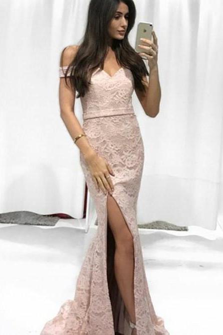 Mermaid Off-the-shoulder Sweep Train Champagne Lace Prom Dress M1145