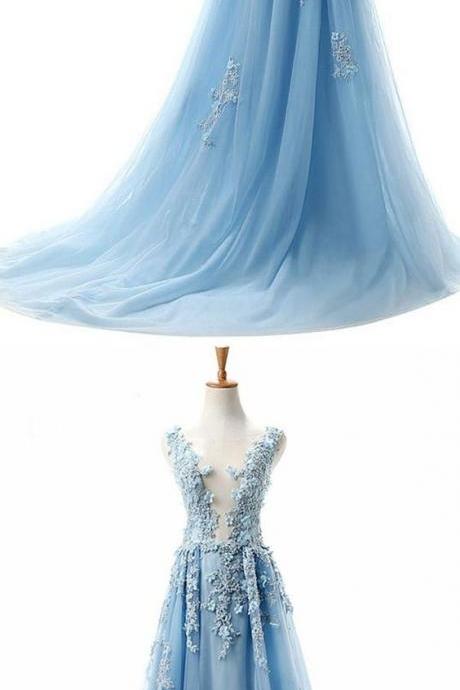 A-line Bateau Court Train Sleeveless Blue Tulle Prom Dress With Appliques M1147