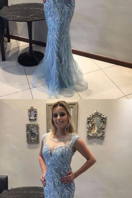 Mermaid Crew Floor-length Blue Sleeveless Tulle Prom Dress With Beading M1148