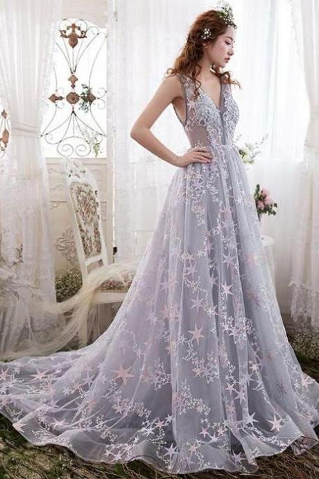 Chic Beautiful Prom Dresses A Line Sweep/brush Train Modest Long Prom Dress M1149