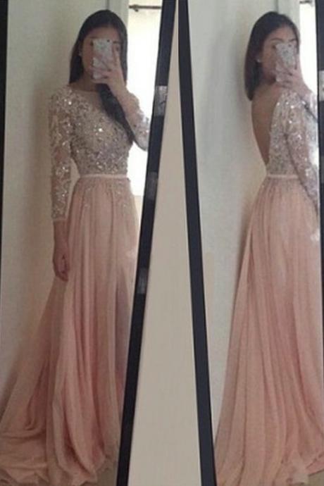 Charming O-neck Long Sleeves Pink Prom/evening Dress With Appliques M1173