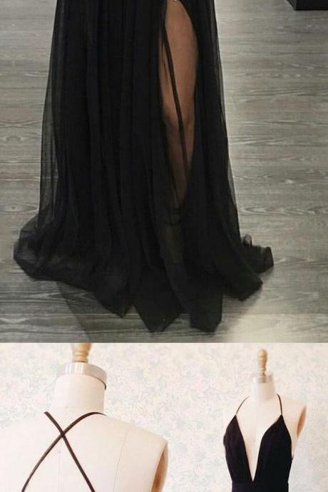 Black Prom Dresses Long, A-line Party Dresses 2018 V-neck, Tulle Backless Formal Evening Dresses Sexy M1179
