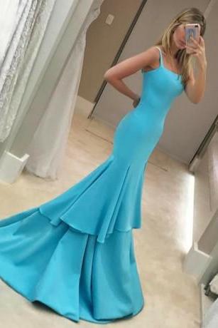 Mermaid Square Sleeveless Sweep Train Blue Stretch Satin Prom Dress With Ruffles M1182