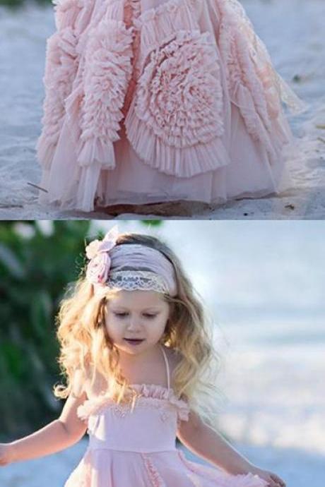 A-Line Spaghetti Straps Backless Flower girl Dresses with Flowers M1185