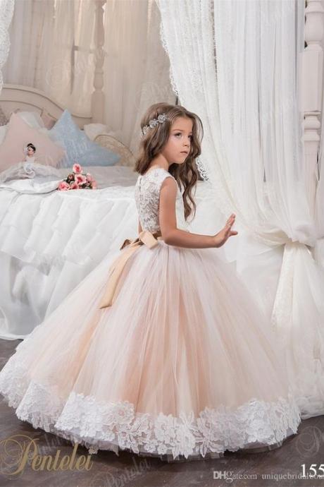 2018 Cheap Ball Gown Flower Girl Dresses Jewel Lace Appliques Birthday Party Dresses with Sashes Crystal Floor First Communion Dresses M1190