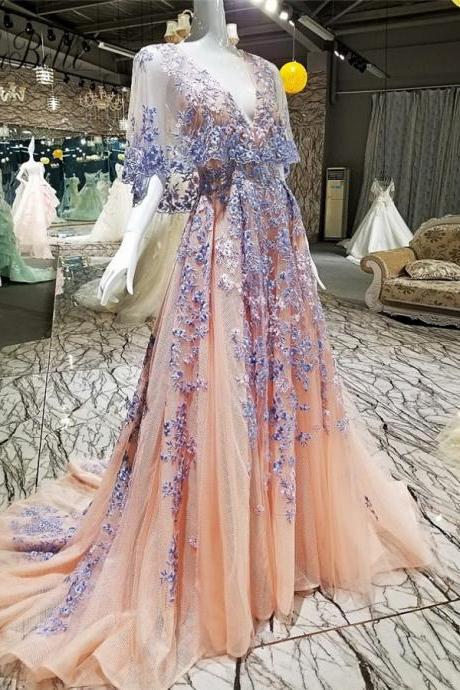 Luxury Prom Dresses V Neck Sweep Train Embroidery Long Prom Dress Sexy Evening Dress M1197
