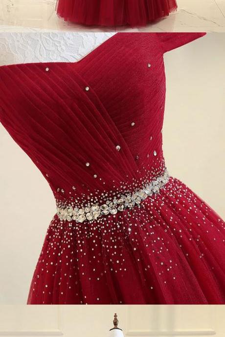 Burgundy Tulle Off Shoulder Long Prom Dress, Burgundy Evening Dress M1204