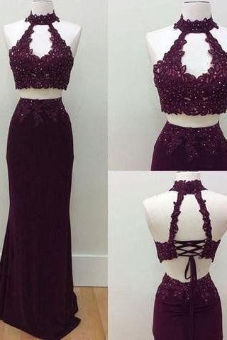Long Prom Dress, Burgundy Prom Dress, Two Pieces Prom Dress, Lace Prom Dress M1209