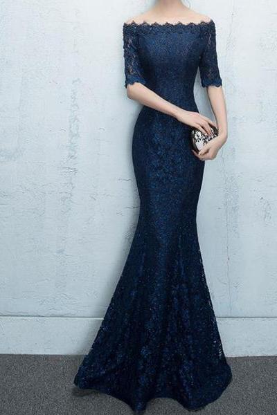 Navy Sparkly Lace Mermaid Beading Half Sleeve Off Shoulder Charming Evening Prom Dress M1219