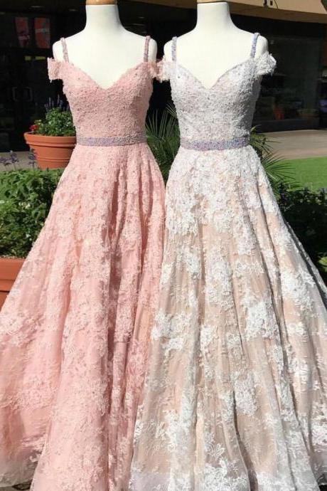 Luxurious A-line Off-shoulder Pink/white Tulle Long Prom Dress With Beading M1226