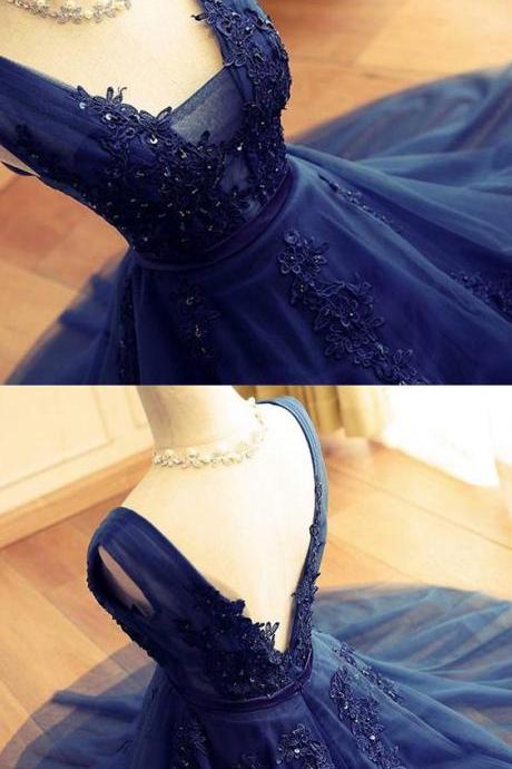 Sleeveless Navy Prom Homecoming Dresses Suitable Short A-line/princess Applique Backless Dresses M1248