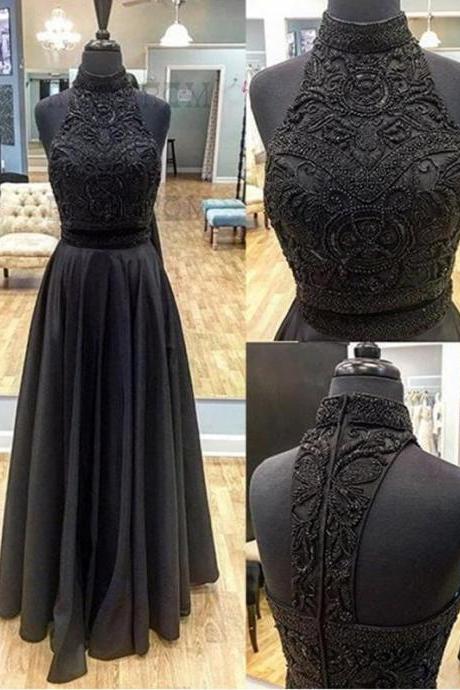Two Piece Prom Dress A Line Beautiful Long Black Prom Dress M1249