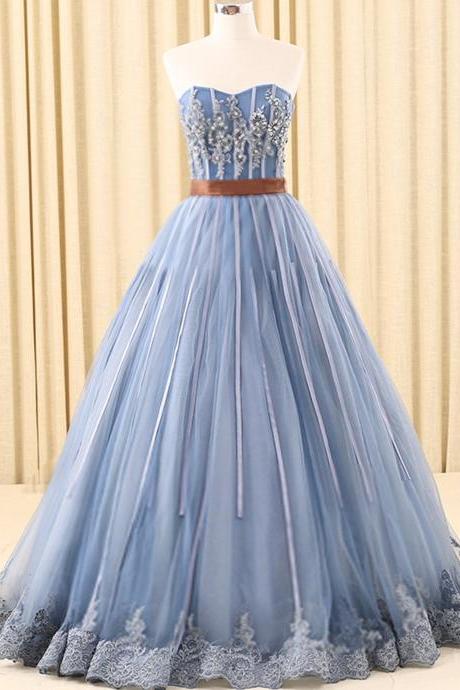 A-line Sweetheart Floor-Length Tulle Ink Blue Prom Dresses With Rhine Stones M1252
