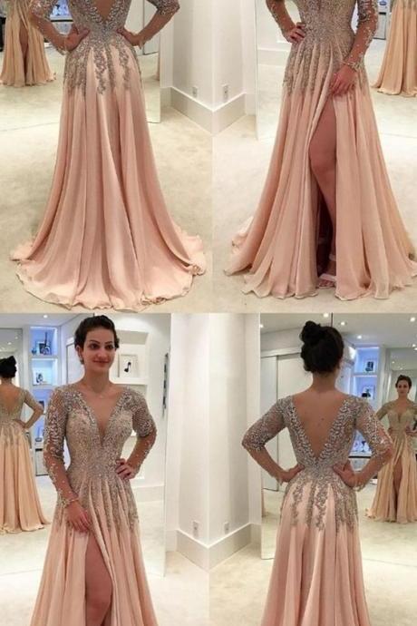 A-line Deep V-neck Floor-length Light Champagne Chiffon Prom Dress With Appliques Beading M1253
