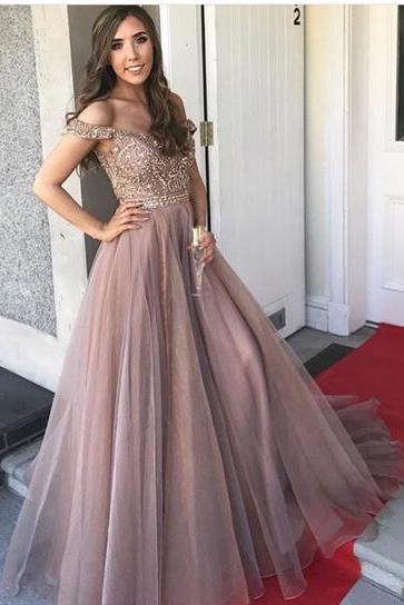 Gorgeous Prom Dresses,off The Shoulder Prom Gown,brown Prom Dresses,long Prom Dress,beading Prom Dress M1254