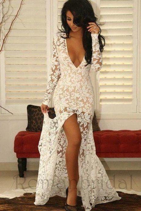 2018 Sheer Mermaid Party Dresses Plunging Neck Long Sleeves Front Split Illusion Lace Sexy Evening Gowns, Prom Dresses M1258